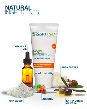 Rocket Pure 3 Ounce Natural SPF 30 Sunscreen. EWG Rated. Broad Spectrum UVA/UVB Protection, Non-Nano Zinc Oxide. Fragrance-Free and Chemical Free.