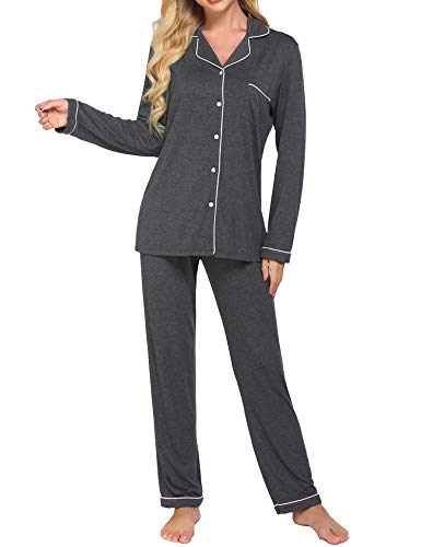 Ekouaer Womens Long Pajama Sets Comfortable Relaxed Button Front Sleepwear(Deep Flower Gray,Medium)