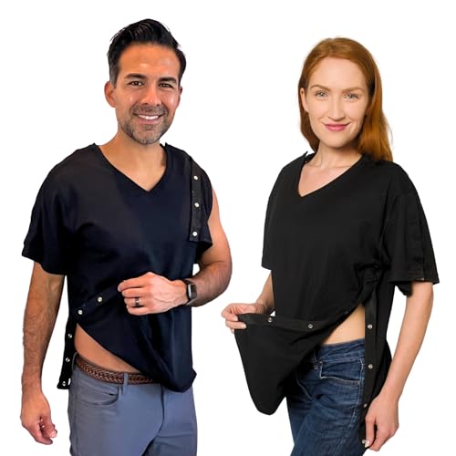 Post Surgery Shirt with Discreet Left & Right Side Snap Access (XL, Black)