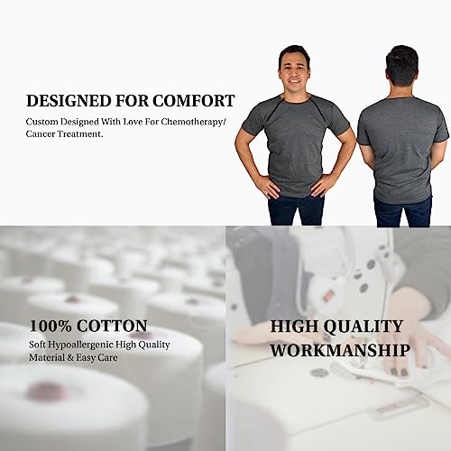 Inspired Comforts Mens/Uni-Sex Chemo Port Access Shirt with Dual Chest Zips | 100% Cotton | Half Sleeve | XL, Charcoal