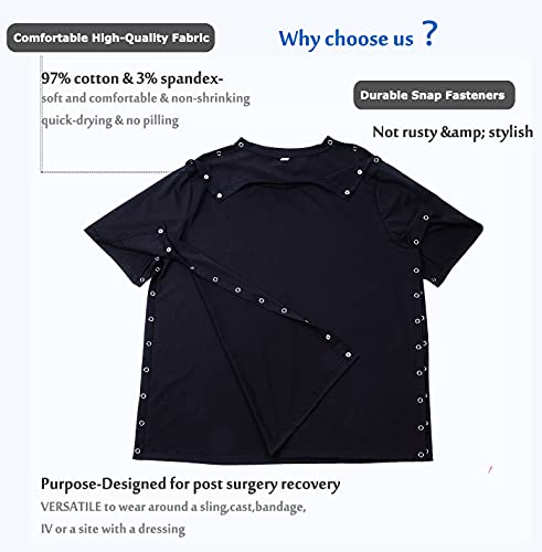 Shoulder Surgery Shirts, Unisex Rehab Shirt with Discreet Shoulder Snaps, Chemo Clothing, Short Sleeve Shirt Men &amp; Women (Black, Medium)