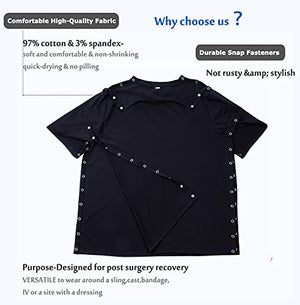 Shoulder Surgery Shirts, Unisex Rehab Shirt with Discreet Shoulder Snaps, Chemo Clothing, Short Sleeve Shirt Men & Women (Black, Medium)