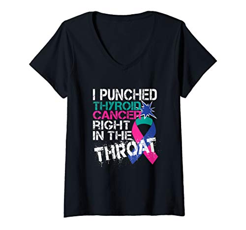 Womens Thyroid Cancer Survivor Awareness Punched In The Throat Gift V-Neck T-Shirt
