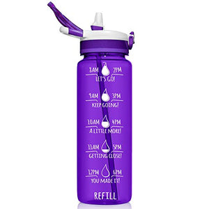 Water Bottle with Time Markers with Straw BPA Free 32 oz   (Dark Purple)
