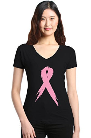 shop4ever Pink Breast Cancer Ribbon Women's V-Neck T-Shirt Slim Fit X-Small Black