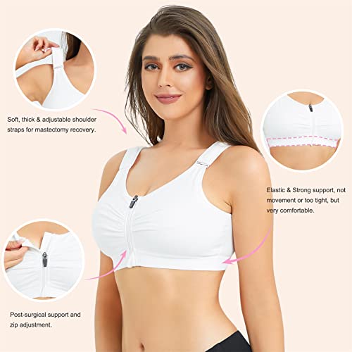 BRABIC Zip Front Closure Everyday Bra for Women Post Surgery Compression Support with Adjustable Straps Wirefree (X-Small, White)