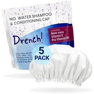 Drench No Water Shampoo Caps [5-Pack] - Waterless Shampoo and Conditioner - Dry Hair Wash Caps for The Elderly or Bedridden - Contains Aloe Vera, Vitamin E and Provitamin B5