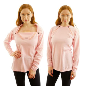 Inspired Comforts Women's Chemo Port Access Shirt with Dual Chest Zips | Full Sleeve | 100% Cotton | M, Pink