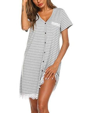 Ekouaer Women's Nightgown Striped Tee Short Sleeve Comfy Sleep Nightshirt Button Down Pajama Dress S-XXXL