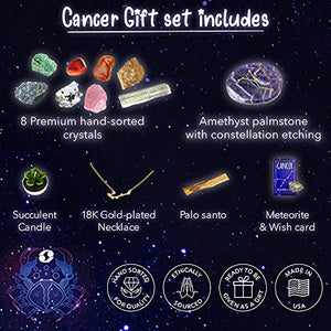 DANCING BEAR Cancer Zodiac Healing Crystals Gift Set, (14 Pc): 9 Stones, 18K Gold-Plated Constellation Necklace, Meteorite, Succulent Candle, Palo Santo Smudge Stick, and Info Guide, Made in The USA