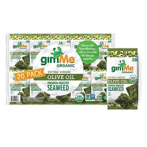 gimMe Organic Roasted Seaweed Sheets - Extra Virgin Olive Oil - 20 Count - Keto, Vegan, Gluten Free - Great Source of Iodine and Omega 3’s - Healthy On-The-Go Snack for Kids &amp; Adults