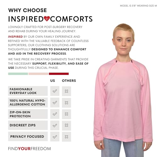 Inspired Comforts Women&#39;s Chemo Port Access Shirt with Dual Chest Zips | Full Sleeve | 100% Cotton | M, Pink