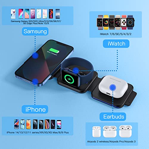 MURPISO 3 in 1 Magnetic Foldable Wireless Charger,Folding Wireless Charging Station for Travel,Wireless Charging Pad Compatible with iPhone 14 13 12 11/Pro/XS/XR/8,AirPods 3/2/Pro,iWatch 7/6/5/4/3/2