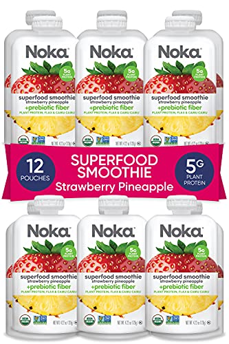 NOKA Superfood Smoothie Pouches (Strawberry Pineapple) 12 Pack, 100% Organic Healthy Fruit Squeeze Snack Packs, Meal Replacement, Non GMO, Gluten Free, Vegan, 5g Plant Protein, 4.2oz Ea (Packaging May Vary)