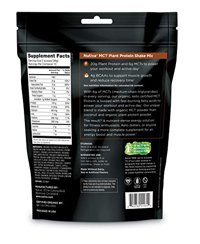 Nutiva Organic MCT Protein Plant-Based Shake Mix, Chocolate, 13.76 Ounce | USDA Organic, Non-GMO, Non-BPA | Vegan, Gluten-Free, Keto &amp; Paleo | 6g MCTs &amp; 20g Clean Protein