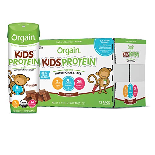 Orgain Organic Kids Protein Nutritional Shake, Chocolate - Great for Breakfast &amp; Snacks, 26 Vitamins &amp; Minerals, 10 Fruits &amp; Vegetables, Gluten Free, 8.25 Ounce, 12 Count (Packaging May Vary)