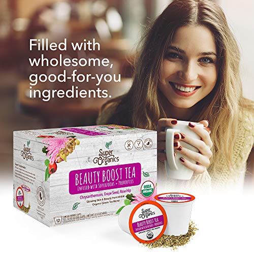 Super Organics Beauty Boost Green Tea Pods With Superfoods &amp; Probiotics | Keurig K-Cup Compatible | Beauty Tea, Skin Care Tea | USDA Certified Organic, Vegan, Non-GMO Natural &amp; Delicious Tea, 72ct