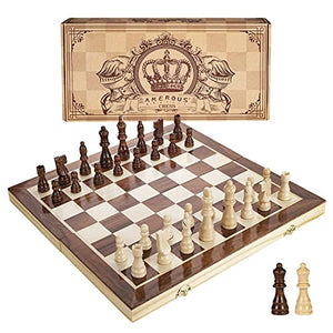 AMEROUS 15 Inches Magnetic Wooden Chess Set - 2 Extra Queens - Folding Board, Handmade Portable Travel Chess Board Game Sets with Game Pieces Storage Slots - Beginner Chess Set for Kids and Adults
