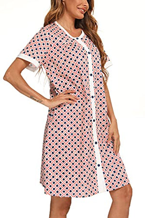 YOZLY House Dress Womens Short Sleeve Housecoat Duster Robe Button Down Nightgown S-XXL (Floral Pink, XX-Large)