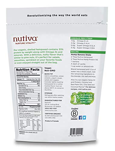 Nutiva Organic Raw Shelled Hemp Seed, 8 Ounce | USDA Organic, Non-GMO, Non-BPA | Vegan, Gluten-Free, Keto &amp; Paleo | 10g Protein and 12g Omegas per Serving for Salads, Smoothies &amp; More