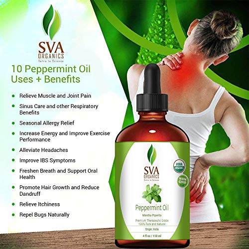 SVA Organics Peppermint Essential Oil Organic 4 Oz USDA 100% Pure Natural Premium Therapeutic Grade with Dropper for Diffuser, Aromatherapy, Skin, Hair &amp; Massage