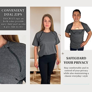 Inspired Comforts Mens/Uni-Sex Chemo Port Access Shirt with Dual Chest Zips | 100% Cotton | Half Sleeve | XL, Charcoal