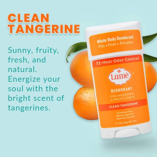 Lume Natural Deodorant - Underarms and Private Parts - Aluminum Free, Baking Soda Free, Hypoallergenic, and Safe For Sensitive Skin - 2.2 Ounce Stick Two-Pack (Clean Tangerine &amp; Unscented)