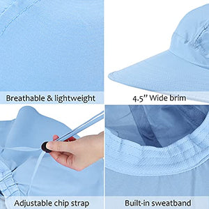Womens Sun Hats Neck Flap Large Brim UV Protection Foldable Fishing Hiking Cap Blue