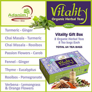 Organic Herbal Teas Vitality Gift Box sampler (8 Flavors Assortment, 8 Tea bags each)