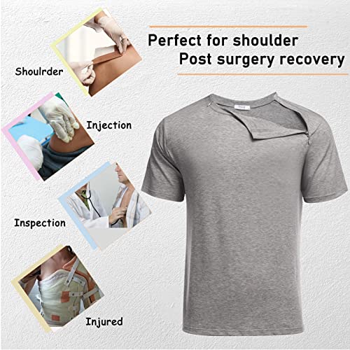 Deyeek Chemo Port Shirts for Men Post Shoulder Surgery Recovery Shirts Tear Away Zipper Shirt Chemotherapy Must Haves Grey