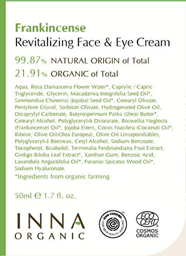 Inna Organic FRANKINCENSE REVITALIZING FACE &amp; EYE CREAM, Anti-aging, Wrinkle Care, Moisturizing, Luxury Clean Beauty, Certified Organic, 1.7 fl.oz.