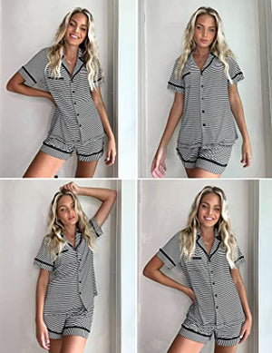 Ekouaer Women Striped Pajamas Short Sleeve Shirts and Shorts Set Button Up Pajama Set (Black Striped XL)