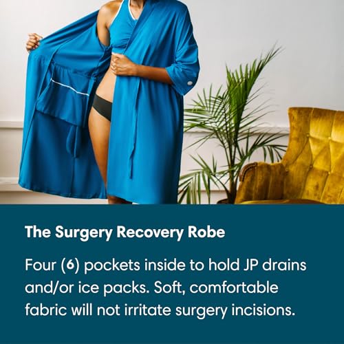 Brobe Post Surgery Robe with 6 Internal Pockets for Mastectomy, Mommy Makeover, Tummy Tuck, Open Heart Surgery - (X-Large, Blue)