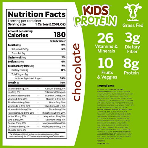 Orgain Organic Kids Protein Nutritional Shake, Chocolate - Great for Breakfast &amp; Snacks, 26 Vitamins &amp; Minerals, 10 Fruits &amp; Vegetables, Gluten Free, 8.25 Ounce, 12 Count (Packaging May Vary)
