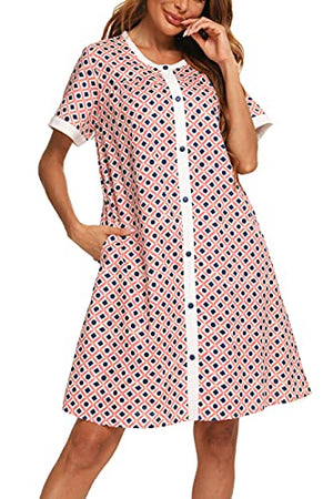 YOZLY House Dress Womens Short Sleeve Housecoat Duster Robe Button Down Nightgown S-XXL (Floral Pink, XX-Large)