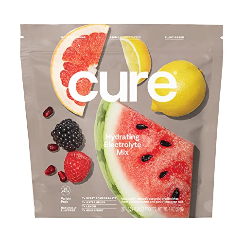 Cure Hydrating Electrolyte Mix | Electrolyte Powder for Dehydration Relief | Made with Coconut Water | No Added Sugar | Vegan | Paleo Friendly | Pouch of 28 Hydration Packets - Variety Pack