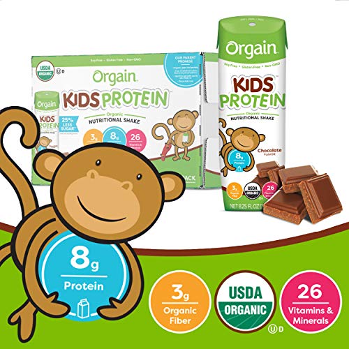 Orgain Organic Kids Protein Nutritional Shake, Chocolate - Great for Breakfast &amp; Snacks, 26 Vitamins &amp; Minerals, 10 Fruits &amp; Vegetables, Gluten Free, 8.25 Ounce, 12 Count (Packaging May Vary)