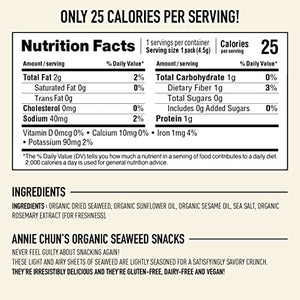 Annie Chun's - Crispy Organic Seaweed Snacks, Sesame Flavor, Vegan, Gluten Free, Dairy Free, Light & Airy, Hearty & Delicious Snack, 0.16oz (Pack of 12)