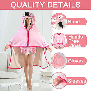 Flamingo Wearable Hooded Blanket for Adults – Pink Fuzzy Super Soft Warm Cozy Plush Flannel Fleece & Sherpa Hoodie Throw Cloak Wrap - Flamingo Gifts for Women Adults Girls and Kids