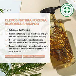 Clevos Natura Foresta Natural Organic Hair Shampoo 17.92 Fl Oz for Oily Itchy Scalp Type - Pleasant Rumohra Scent - Reduce Itchiness Dandruff Sulfate-free - Completely Natural - Vegan - Cruelty Free