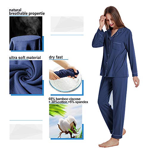 Ham&amp;Sam bamboo women&#39;s pajamas set sleepwear jersey knit long sleeve breathable button down nightgown soft pjs lounge sets. Navy