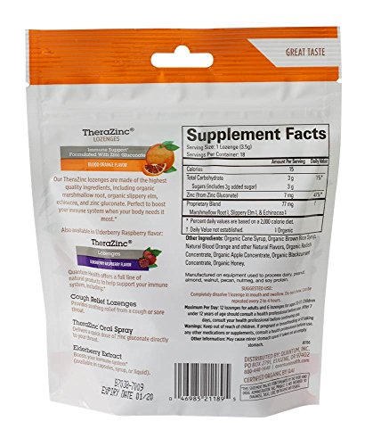 Quantum Health TheraZinc Blood Orange Lozenges, Immune Support in Tasty USDA Organic Drops for Cough Relief, Bagged, 18 Ct.