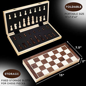 AMEROUS 15 Inches Magnetic Wooden Chess Set - 2 Extra Queens - Folding Board, Handmade Portable Travel Chess Board Game Sets with Game Pieces Storage Slots - Beginner Chess Set for Kids and Adults