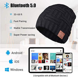 Bluetooth Beanie, V5.0 Bluetooth Hat, Wireless Earphone Beanie Headphones, with HD Stereo Speakers Built-in Microphone, Mens Gifts, Christmas Electronic Gifts for Men/Women Black