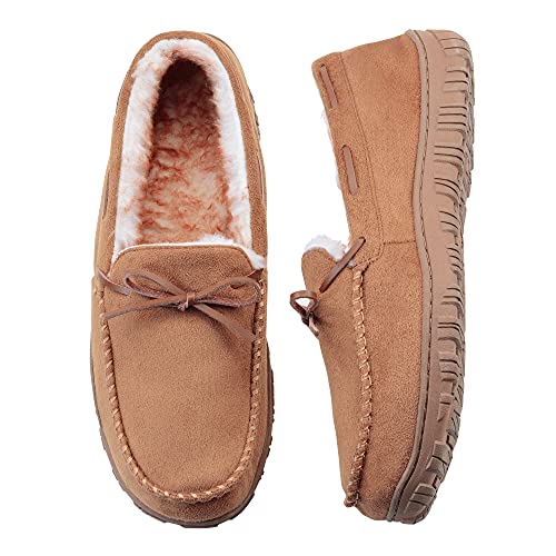 VLLy Moccasin Slippers for Men Microsuede Upper and Soft Plush Lining with Cloud-Like Comfort and Slip-Resistance Rubber Sole Brown Size 12 US