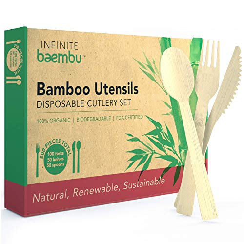 200 Piece Bamboo Cutlery Set - Bamboo Utensils | Plastic-Free Packaging | Compostable &amp; Biodegradable Cutlery | Bamboo Silverware Set | Bamboo Flatware | 6.75&quot; Pack (100 Forks, 50 Spoons, 50 Knives)