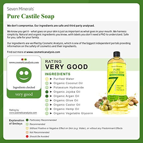 Seven Minerals Pure Castile Soap 33.8 fl oz - No Palm Oil, GMO-Free - Unscented Mild &amp; Gentle Liquid Soap For Sensitive Skin &amp; Baby Wash - All Natural Vegan Formula with Organic Carrier Oils
