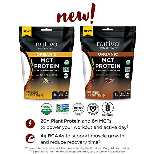 Nutiva Organic MCT Protein Plant-Based Shake Mix, Chocolate, 13.76 Ounce | USDA Organic, Non-GMO, Non-BPA | Vegan, Gluten-Free, Keto &amp; Paleo | 6g MCTs &amp; 20g Clean Protein