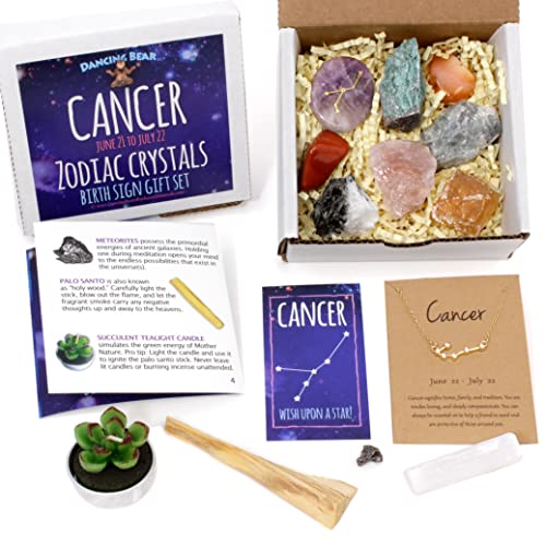 DANCING BEAR Cancer Zodiac Healing Crystals Gift Set, (14 Pc): 9 Stones, 18K Gold-Plated Constellation Necklace, Meteorite, Succulent Candle, Palo Santo Smudge Stick, and Info Guide, Made in The USA - My CareCrew