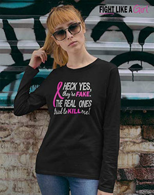 Heck Yes They're Fake Breast Cancer Long-Sleeved T-Shirt [S] Black W/Pink
